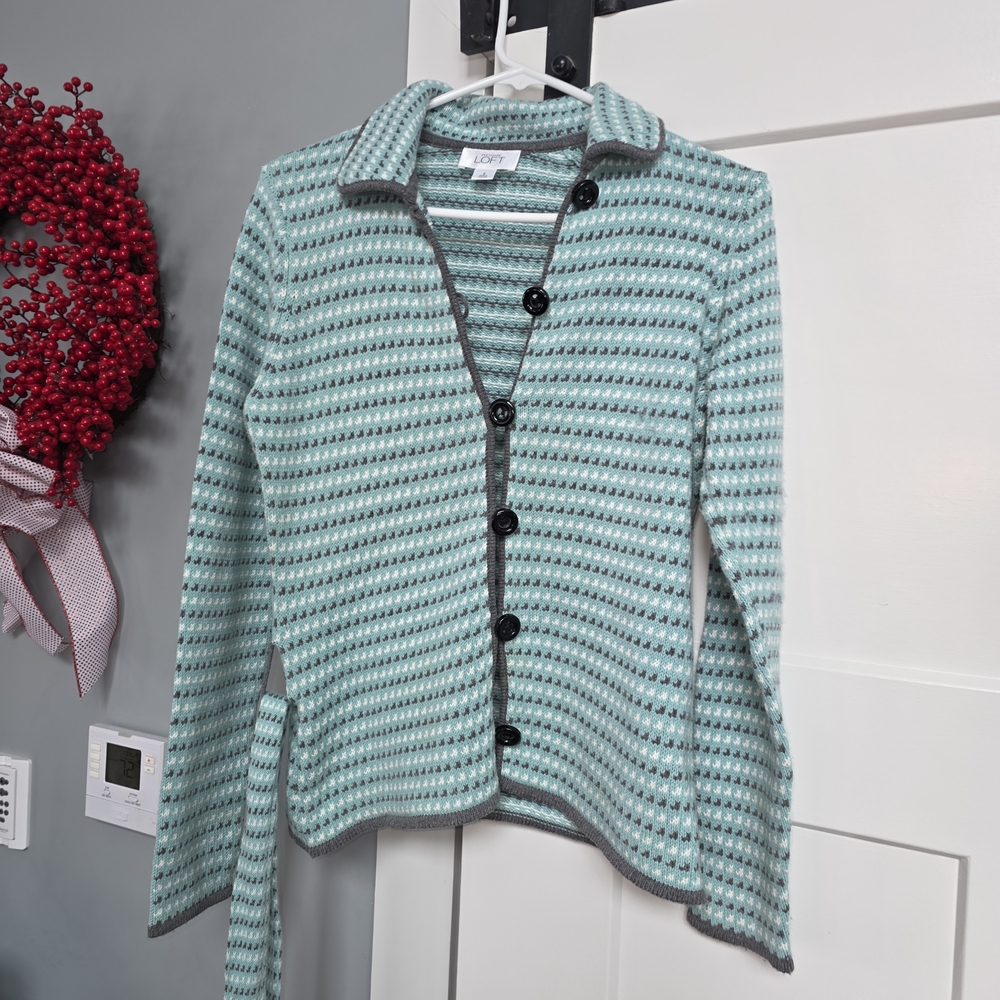 LOFT Teal and Gray Button-Up Cardigan